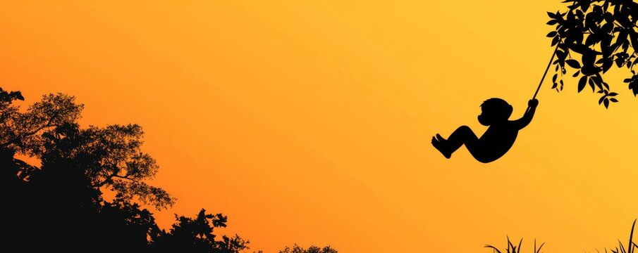 Silhouette of a monkey swinging on a vine at sunset in the jungle