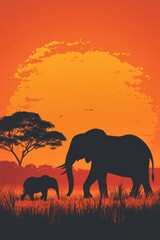 Fototapeta premium Silhouette of an elephant and its calf against a vibrant orange sunset