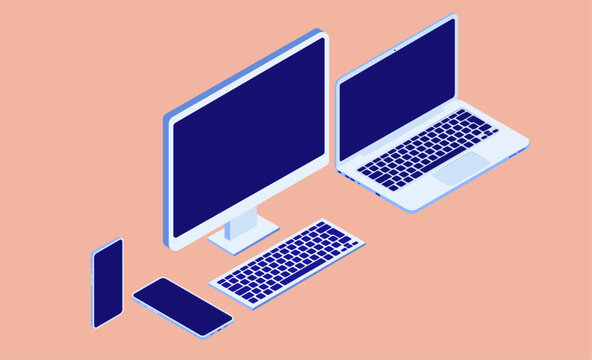 Isometric computers and mobile phones mockup template - Vector illustration graphic of desktop pc, laptop and smartphone with blank dark screen
