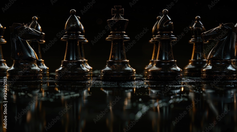 Poster A group of chess pieces sitting on a table, ideal for use in business or educational settings