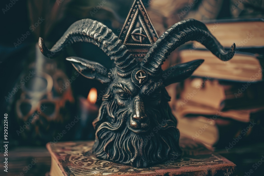 Poster a statue of a goat wearing a small pyramid on its head, great for use in fantasy or mythology themed