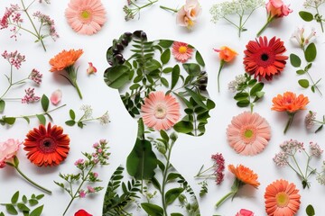 A person's head decorated with flowers and leaves, great for nature-inspired themes or botanical illustrations