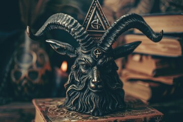 A statue of a goat wearing a small pyramid on its head, great for use in fantasy or mythology themed designs