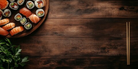 Naklejka premium Sushi Spread on Dark Wooden Canvas