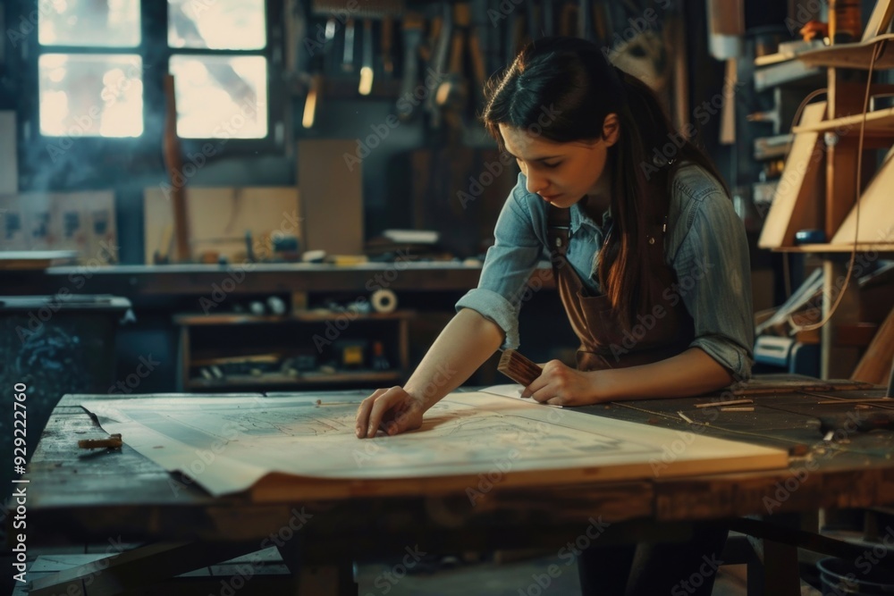 Aufkleber a woman works on a piece of paper in a well-lit workshop setting