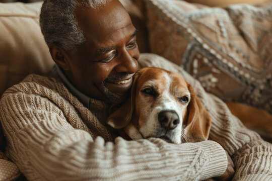 A heartwarming portrait of an African American man relaxing on a beige couch with his loyal dog.