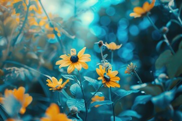A bunch of bright yellow flowers growing in a green field, sunny day