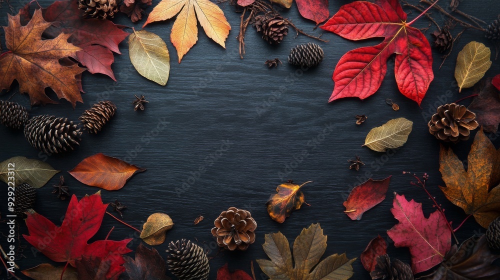 Poster autumn leaves in vibrant colors and pine cones are artistically arranged on a dark wooden surface, c
