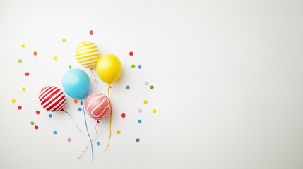 Party Decor Background with Balloons, Confetti, and party hats on white background with extra space for words
