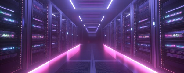 Fototapeta premium Neon corridor illuminating server room with data servers