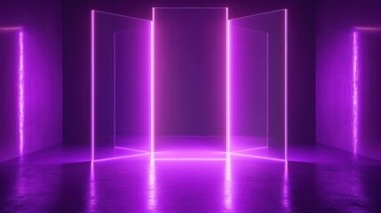 A futuristic space with glowing purple lights and transparent panels.