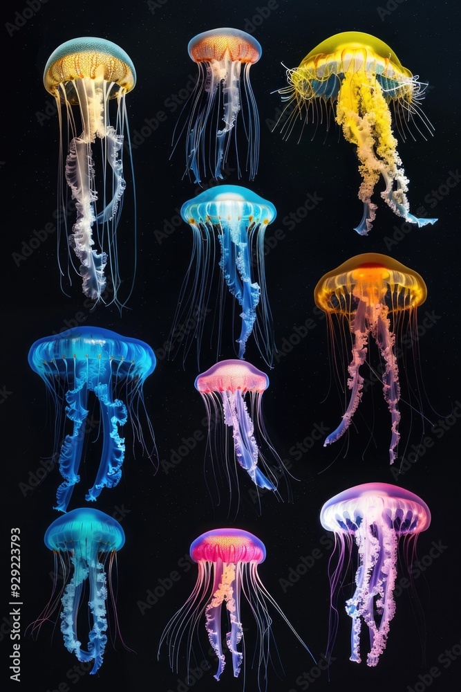 Poster A group of jellyfish floating in the water, suitable for use in environmental or ocean-related contexts