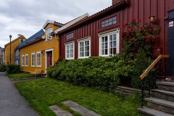 Old colorful wooden houses in Trondheim, Norway.