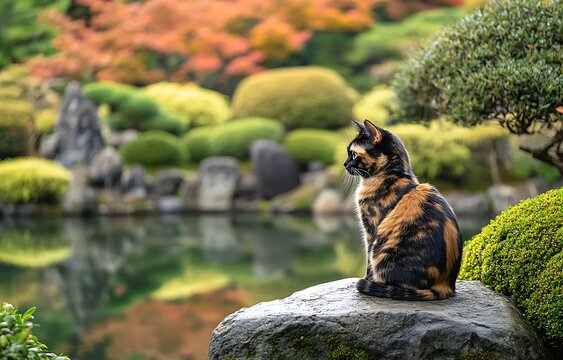 A tortoiseshell cat sitting on a rock in a Japanese garden.