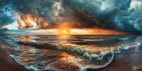 Fototapeta premium Baltic Sea Shore Panoramic View at Sunset with Dramatic Cloudscape and Golden Sunlight Reflecting on Glowing Clouds After Storm Nature Environment and Climate Change Depicted in Fickle Weat