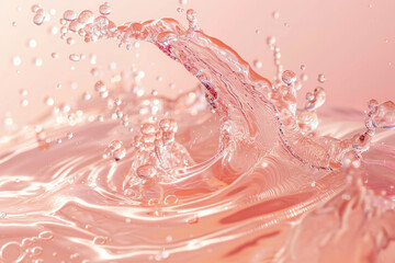 Champagne wine splash exploding in liquid, closeup on pastel pink background, champagne motion splash.