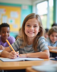 A smiling young girl in a denim jacket writes in her notebook during class, capturing the joy of learning in a bright, welcoming classroom.