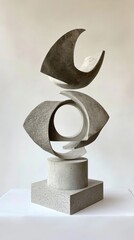 Modern concrete sculpture standing on pedestal showing abstract art