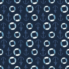 Lifebuoys with anchors. Watercolor illustration, hand drawn in childish style. Seamless pattern on a blue background