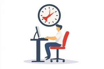 Simple cartoon drawing of a man working at a desk with a large clock on the wall