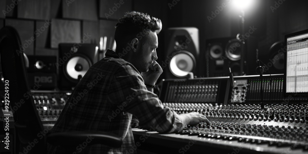 Poster a person sitting in front of a mixing console, possibly recording or producing music