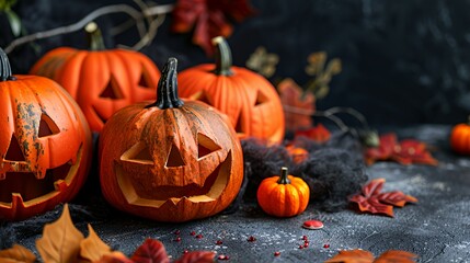 A festive display of carved pumpkins for Halloween with autumn leaves and decorations.