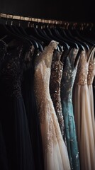 Row of elegant gowns hanging on rack in fashion store