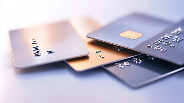 A close-up shot of stacked credit cards, focusing on the metallic texture and embossed numbers. The image emphasizes the importance of financial tools in modern transactions, credi