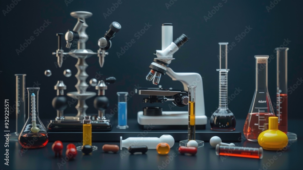 Leinwandbilder a microscope and various lab tools sit on a table, ready for use