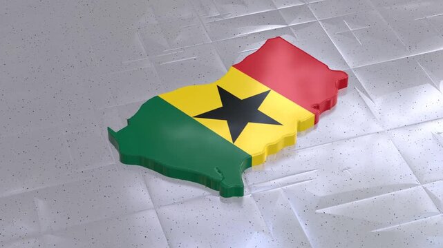 3D map of Ghana moving on a white textured floor. The country's area features the Ghana flag texture with a luma matte effect. 3d rendering