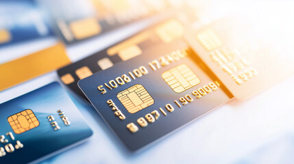 Credit cards arranged in a layered formation, highlighting their sleek design and significance in the world of finance. The focus on details like the card numbers and chip suggests