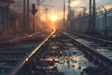 Obraz premium A train track with the sun setting in the background, great for travel or adventure themes