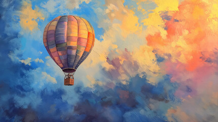 Fototapeta premium Art hot air balloon, gouache and pastel, sunrise light, colorful and uplifting, rich hues, sky background 