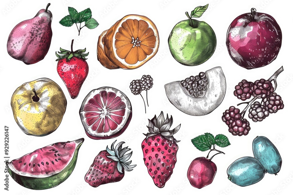 Poster a collection of various fruits and vegetables arranged on a white background