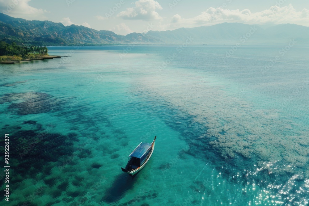 Poster a small boat floats on the surface of a calm body of water, suitable for use in travel or relaxation