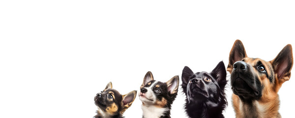 isolated pack of dogs looking up; transparent (white) background; perfect for pets products advertising