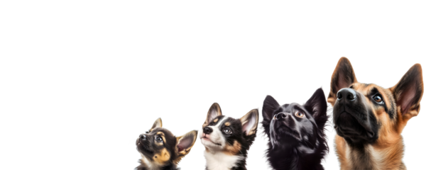 isolated pack of dogs looking up; transparent (white) background; perfect for pets products advertising