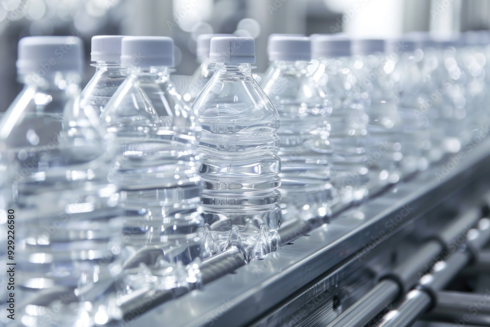 Poster a row of water bottles moving along a production line