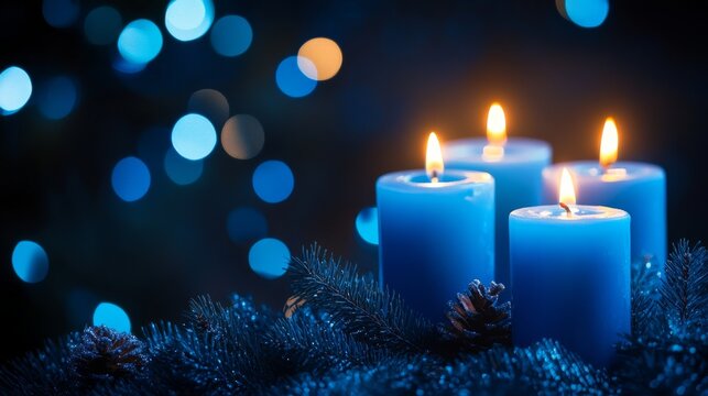 Four blue burning advent candles with christmas lights and pine branches in the background