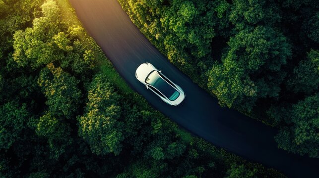 Aerial View of Car on Winding Road Through Lush Forest