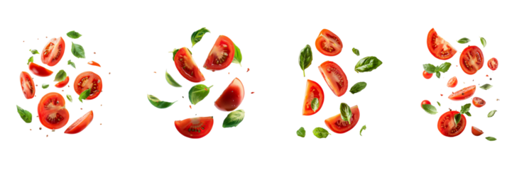 Tomato with half slices falling or floating in the air with green leaves Isolated on a transparent background