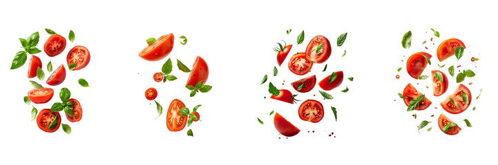 Tomato with half slices falling or floating in the air with green leaves Isolated on a transparent background