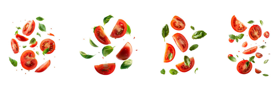 Tomato with half slices falling or floating in the air with green leaves Isolated on a transparent background