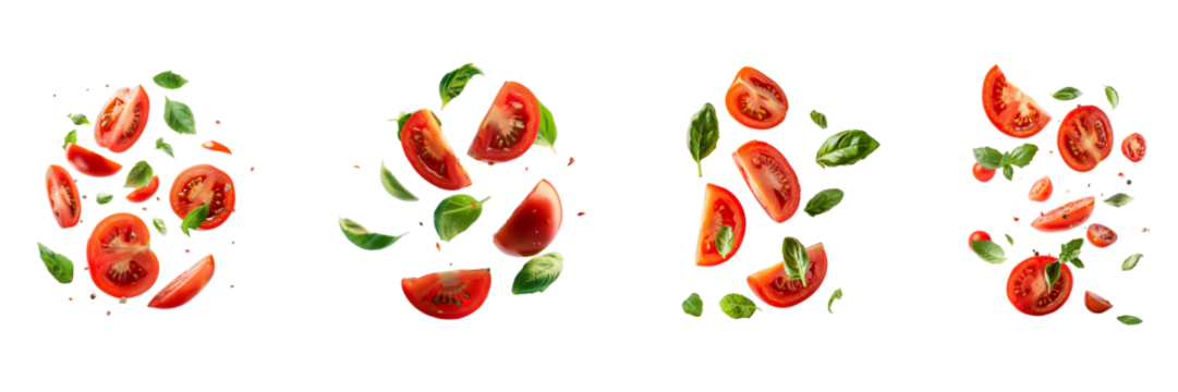 Tomato with half slices falling or floating in the air with green leaves Isolated on a transparent background
