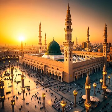 A city with a lot of people around it the view of Masjid E Nabvi