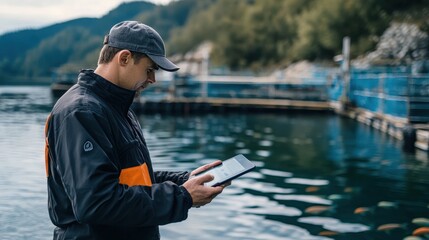 A fish farm worker monitors water quality and fish health using a tablet near calm waters surrounded by nature