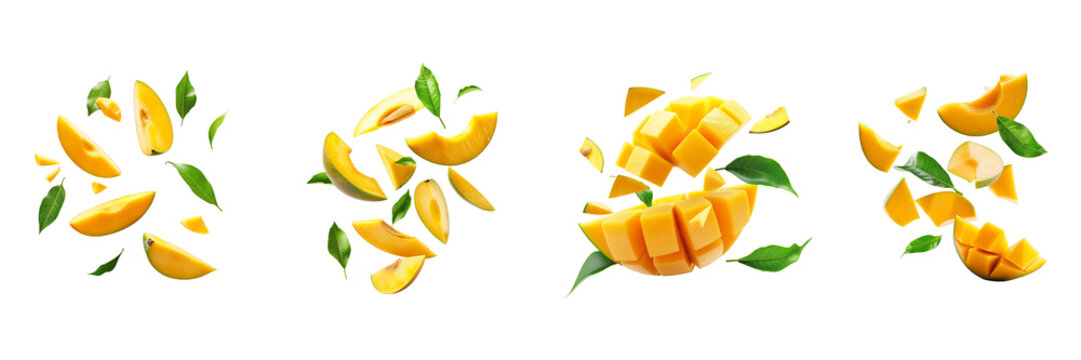 Mango with half slices falling or floating in the air with green leaves Isolated on a transparent background
