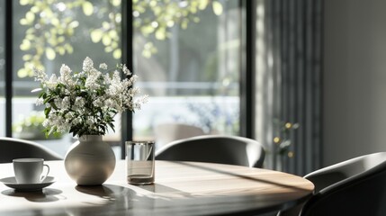 A vase of flowers sits on a wooden table, perfect for decorating an office or home