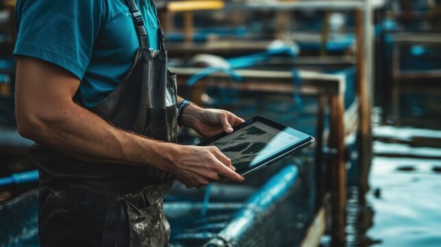 A worker checks water conditions on a tablet in a fish farming environment