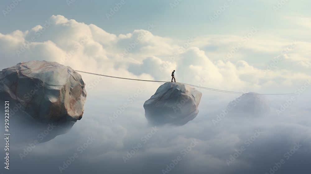 Wall mural a figure balancing on a rope between two large rocks amidst clouds.